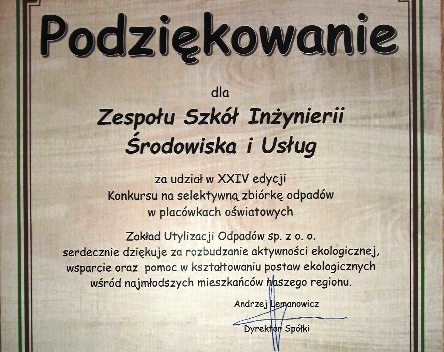 Dyplom. Zbiórka surowców wtórnych..